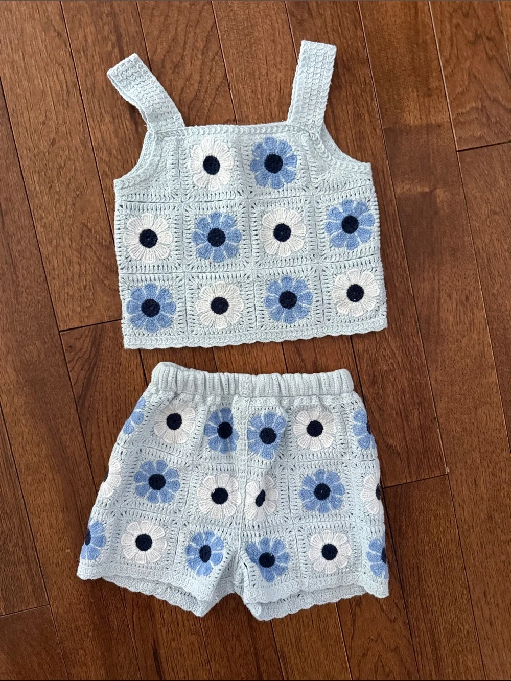 Light Blue Floral Crochet Tank Top & Shorts Set for Kids